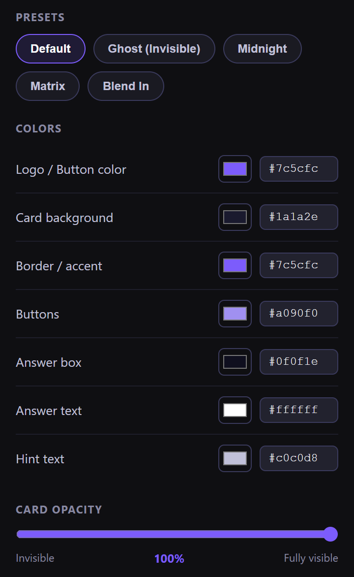 Customize page presets, seven color settings and the card opacity slider