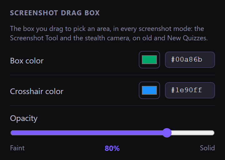 Screenshot Drag Box settings with a green box color, blue crosshair and 80 percent opacity