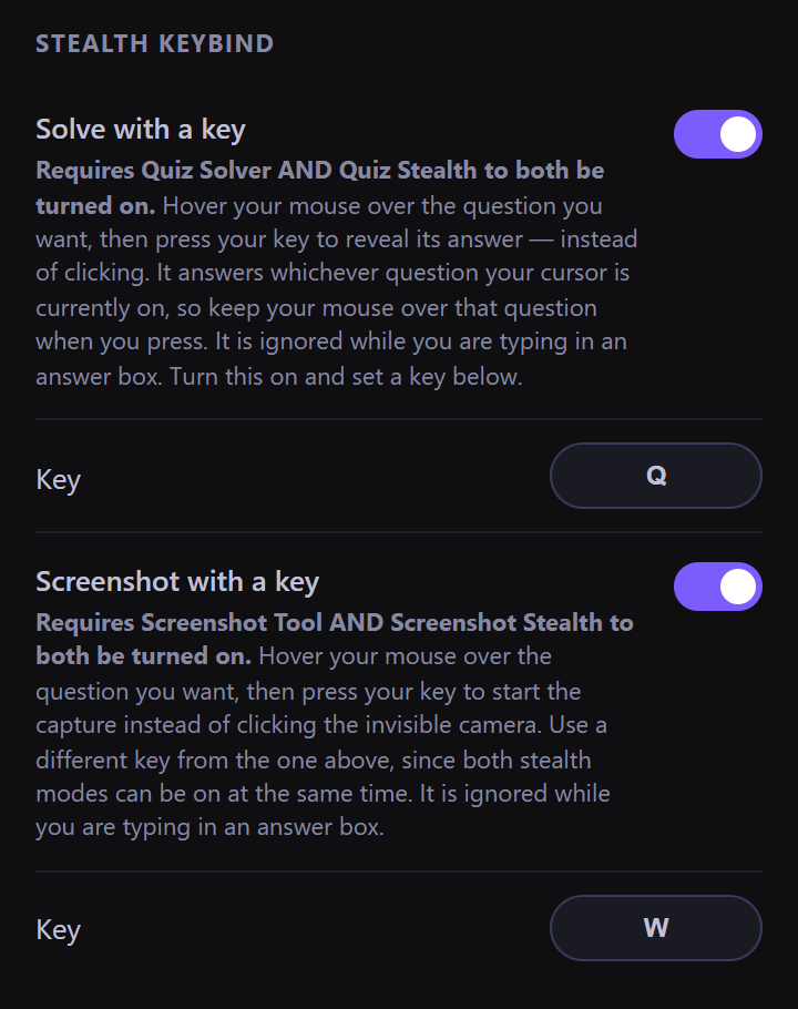 The Stealth Keybind settings with Q set to solve and W set to screenshot
