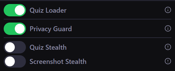 The Quiz Loader and Privacy Guard switches turned on