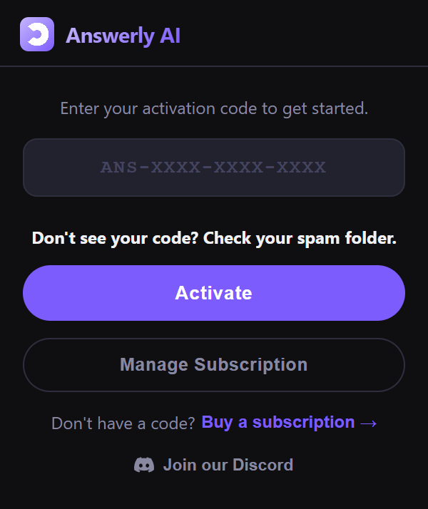 The Answerly AI activation screen with a box for the ANS code and an Activate button