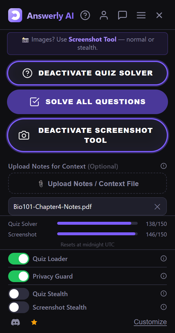 The Answerly AI popup with tool buttons, a notes upload, usage bars and switches