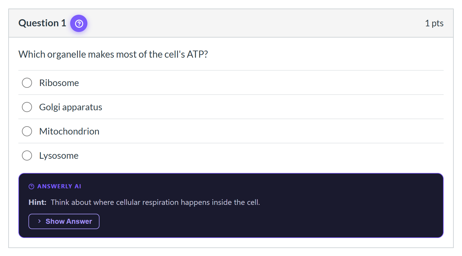 The Answerly card under a question showing a hint and a Show Answer button