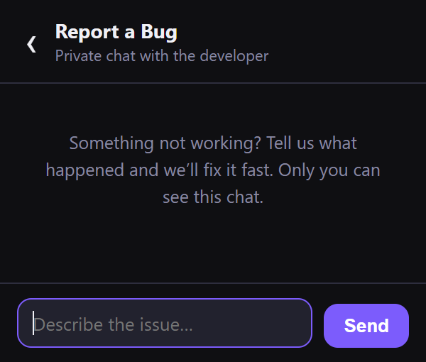 The Report a Bug private chat in the Answerly popup