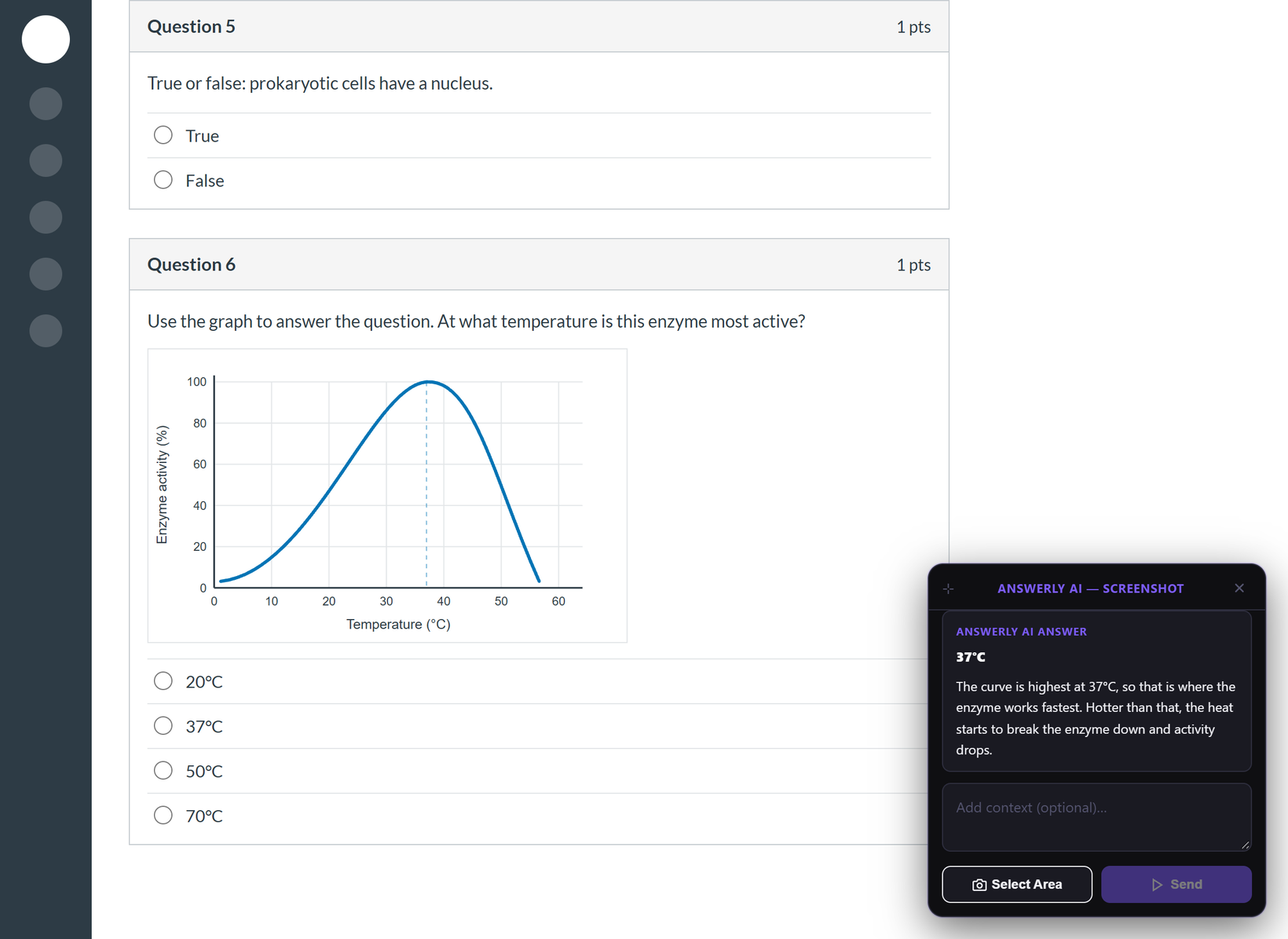 The Screenshot Tool panel showing the answer 37 degrees Celsius with a short explanation