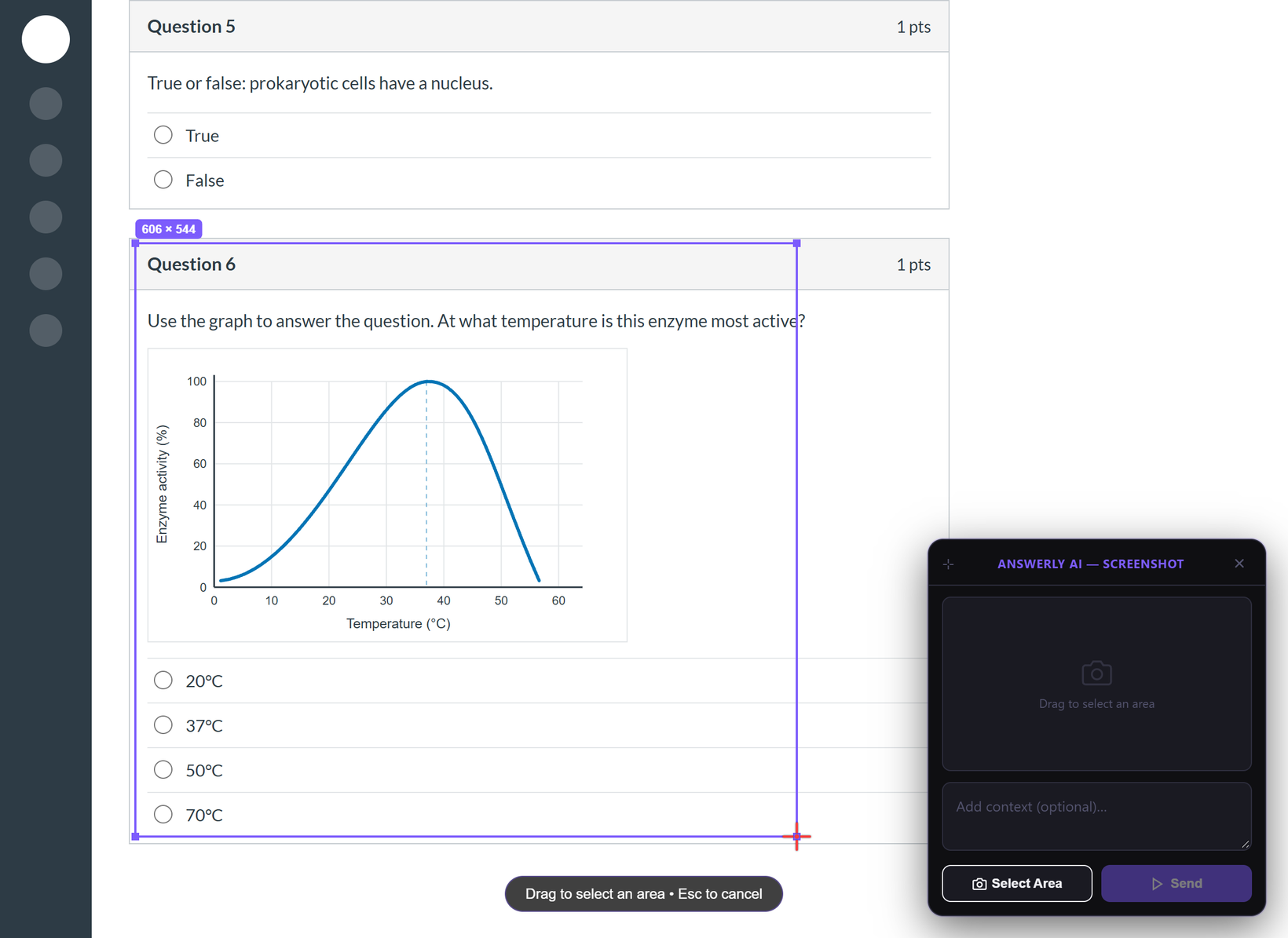 Dragging a purple selection box around a Canvas question with an enzyme activity graph