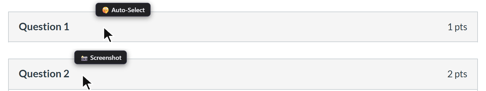 Hovering the top of two Canvas questions reveals the Auto-Select and Screenshot labels