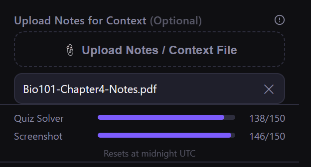 A notes PDF loaded in the Answerly popup, above the daily usage bars