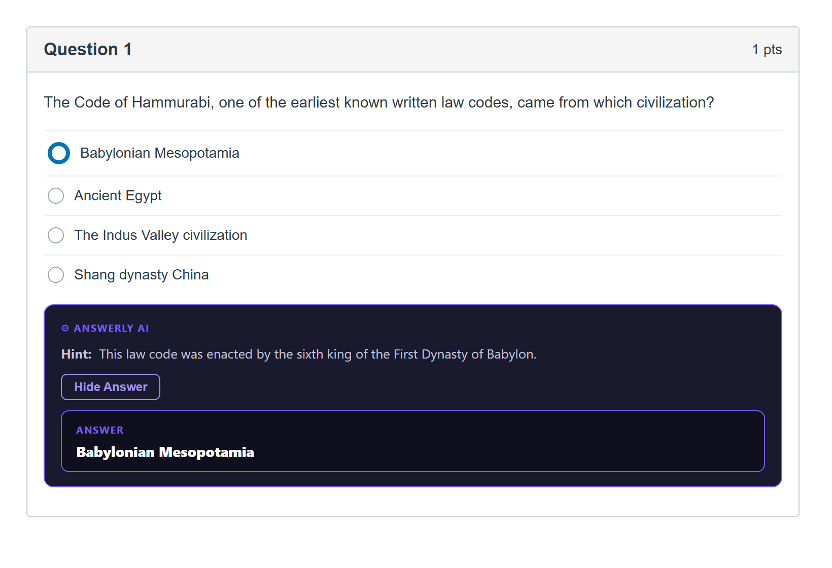 Answerly AI showing a hint and the answer on a Canvas question