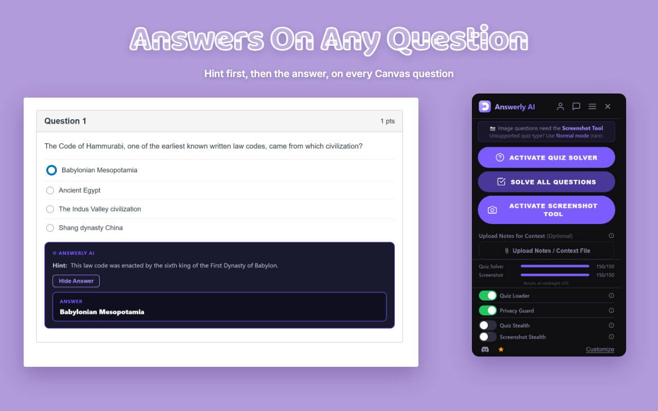 Hint and answer on a Canvas question, with the extension popup beside it
