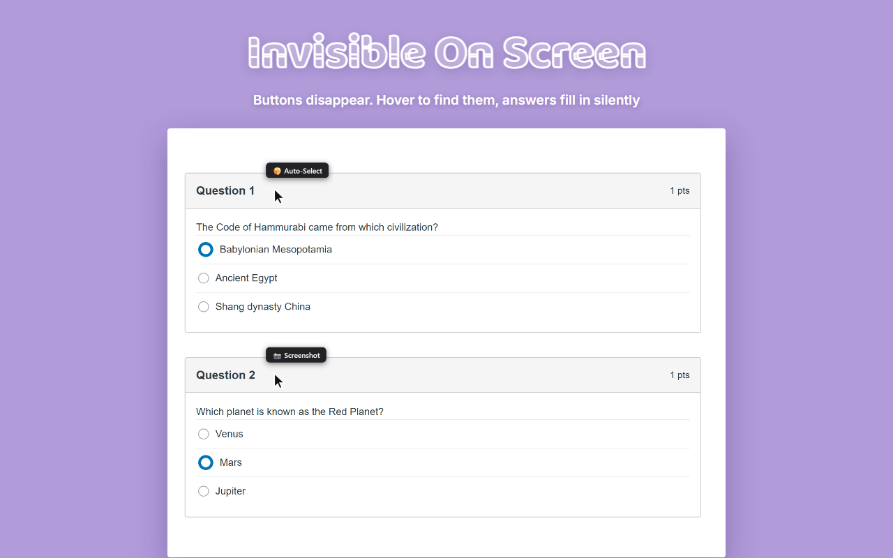 Stealth mode: invisible buttons revealed on hover beside each Canvas question